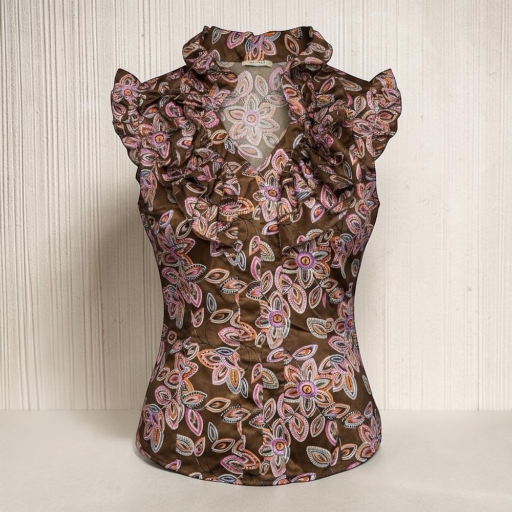 Vixen‎ Satin Ruffle Blouse M Brown Retro Floral Preppy Boho Cottagecore Office
